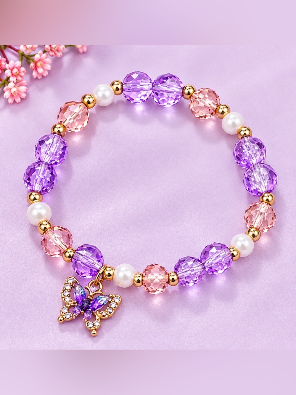 🆕New Purple Butterfly Crackle Glass Beaded Stretch Bracelet